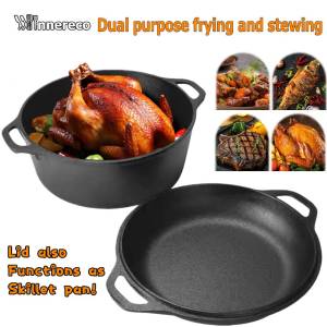 Pre-seasoned 2 in 1 Dutch Oven Cast Iron 5 Quart Capacity 26 cm Diameter Non-stick after Seasoning For Indoor and Outdoor Cooking Dual Use Deep Skillet & Soup Pot with Lid Multipurpose Camping Cookware for Stewing soup Baking Frying Bread BBQ