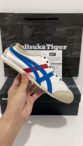 Sepatu 0nitsuka Tiger Slip On White Blue Red Free Paperbag