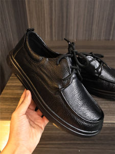 Top Layer Cowhide Casual Shoes Mens Pure Color Versatile Daily Business Commute Leisure Bean Bean Shoes Slightly Q Elastic