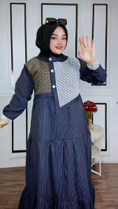 Vina Dress Muslimah Motif Salur Terbaru Gamis Kasual Lengan Panjang Adem dan Modis