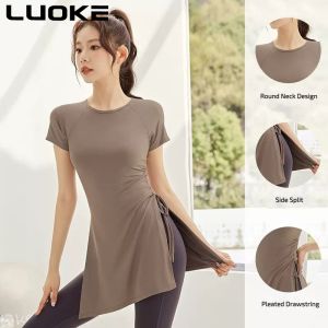 Luoke Yoga suit womens mid length  buttocks and crotch covered slim fitting long sleeved sports T-shirt drawstring new fitness suit