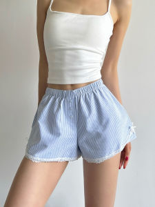 Quần Dài Thường Ngày Cạp Cao Họa Tiết Sọc Trắng Xanh Ngọt Ngào Phong Cách Mỹ Quần Áo Mặc Nhà Quần Đùi Đi Biển Mùa Hè 2025