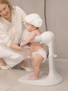 Beige Baby Shower Stand Adjustable Height Anti-Slip 3-in-1 Support for Infants and Toddlers Bathing Foldable baby standing bath Baby Standing Shower Height-adjustable Assist bathing Baby Bath Standing Training