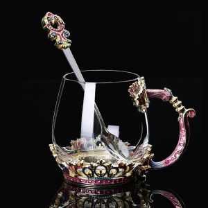 Luxurious European Style Enamel Glass Tea Cup with Lid and Spoon