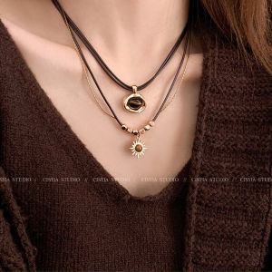 Elegant Double Layer Sun Necklace for Women Tiger Eye Stone Vintage Revere Sweater Chain Fashionable Lightweight Accessory
