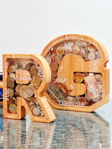 Trendy Wooden Alphabet Money Box Childrens Boys Creative Gift Saving Bank Transparent Decorative Item Pure Color Brand