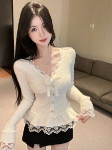 GUZILIAN | French Lace and Bow Decorated Long Sleeve T-Shirt