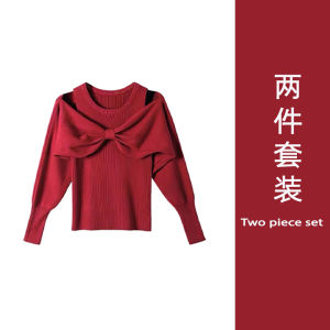 Red Butterfly Knot Sweater Womens Autumn Winter Slim Fit Shoulder Bared Inner Knitted Top Chinese Zodiac Year New Year Celebration