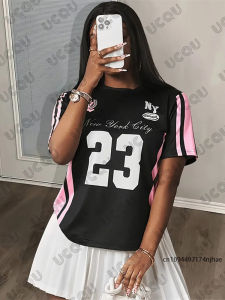 Summer New Black Pink New York No.23 Print Women T-Shirt Patchwork Short Sleeve Sports Football Jersey Y2K Casual Oversized Tops