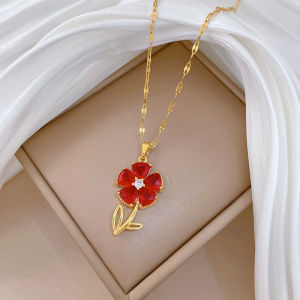 Stainless Steel Red Crystal Flower Hollow Leaves Pendant Necklace Lady New Trend Luxury Classic Neck Chain Jewelry