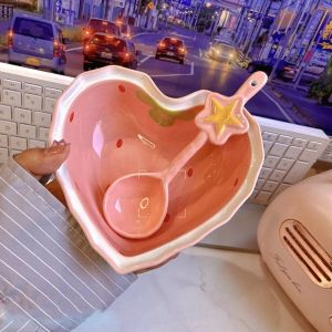 Strawberry Love Bowl Glazed Ceramic Tableware Set Cute Girl Heart Rice Bowl Dormitory Student Ins Style