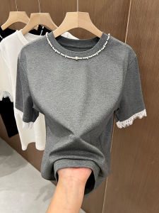 Gray Knitted Lace Short Sleeve T-Shirt round Neck Splicing Beads Loose Fashion Early Spring Base Shirt Womens Casual Commute