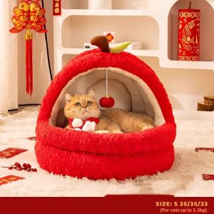 MONLEYTA | Warm Apple Cat House Winter Protection Half-Closed Safety Feel New Year Decoration Cat Nest Cozy Dog Bed Winter Essential