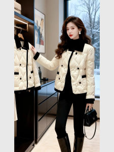 QFN | Chic Color-block Beige Double-breasted Peaked Lapel Down Coat