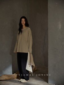 Cotton Chest Pad Integrated Long Sleeve Long Pants Striped Round Neck Pajamas