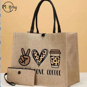2 Pcs Linen Tote Bag Large Capacity Canvas Handbag Shopping Bags Makeup Bag Coin Purse for Wedding Birthday Gift Beach Vacation