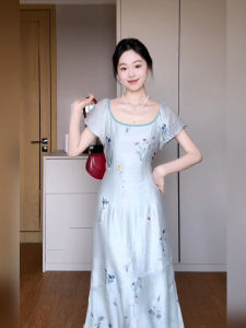 Elegant Blue Floral Print French Vintage Square Neck Summer Dress for plus Size Women Stylish Slimming Long Gown