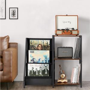 Record Player Storage Rack 3-Tier Record Player Stand Vinyl Record Display Rack Book Ornaments Storage Rack Iron and Wood Combined Multi-Function Large-Capacity Turntable Stand Multi-Layer Metal Vertical Rack