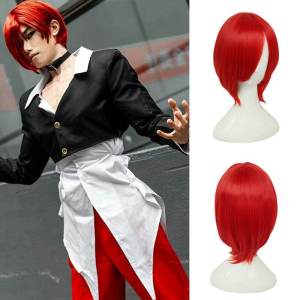 Kof Geese an Fake Hair Mens Short Straight Hair Game Anime Stage Performance Cos Hair Red Side Bangs Head Cover