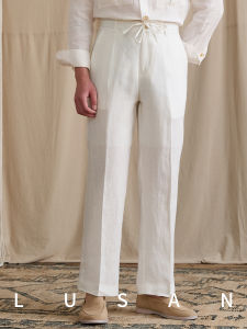 100% Linen High Waist Loose Fit Adjustable Summer Pants Men