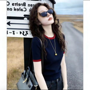 Slim Fitting Navy Round Neck Iced Silk Short Sleeve Knit Top