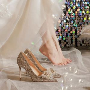 รองเท้าแต่งงานส้นสูงสีทองสไตล์ฝรั่งเศสสำหรับผู้หญิง รองเท้าแต่งงานแบบสองทาง รองเท้าเจ้าสาวและเพื่อนเจ้าสาว แฟชั่นฤดูใบไม้ผลิ 2025