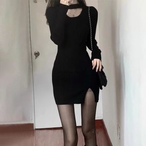 Black Knitted Short Skirt Tight Fitting Commuter Style High Waist round Neck Long Sleeve Pure Color A-Line Dress for Women