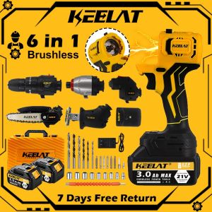 KEELAT Multi-Head Cordless Brushless Impact Drill Set Retrofit DIY With Screwdriver Chainsaw Wrench Reciprocating Saw Sander Multifunction Set