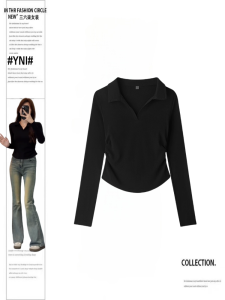 Black Polo Neck Long Sleeve T-Shirt Womens Spring Autumn Style Slim Fit Inner Wear Base Shirt Waist Cinching Top
