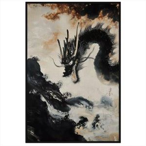 Tranh thủy mặc màu nước rồng đen phong thủy. Tranh treo tường dán tường canvas trang trí.CGI-1986