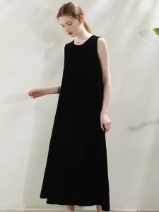 Miccbeirn | Miccbeirn Black Silk Velvet Long Over-Knee Skirt Vest Style Simple Slimming Women Summer Round Neck A-Line Dress