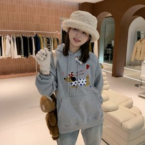 South Korea Dongdaemun Autumn New Hooded Balloon Sausage Dog Idle Style Embroider Loose Long Sleeve Fleece Pullover Female