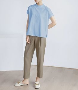 Loose Fit Pure Cotton Short Sleeve T-Shirt Womens Asymmetrical Hem Classic Solid Color Stand Collar Versatile Summer Top