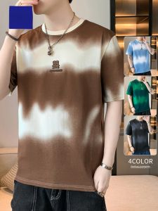 ROMON | Lormen Mens Ice Silk Short Sleeve T-Shirt Summer Thin Fashion Brand Print Round Neck Half Sleeve Pure Cotton Body T-Shirt