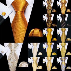 Barry.Wang Gold Beige Yellow Brown Tulip Men Tie Handkerchief Cufflink Set Jacquard Necktie for Male Wedding Business Party