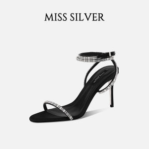 รองเท้าแตะส้นสูงสีดำ MISSSILVER สำหรับผู้หญิง ฤดูร้อน 2024 รองเท้าแตะส้นสูงแบบใหม่ ดีไซน์เปิดหัว ดีไซน์ส้นบาง ดีไซน์หรูหรา