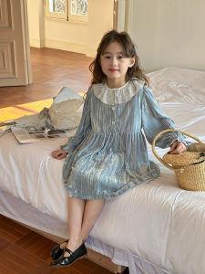 Spring New Style Childrens Velvet Dress Girls French Princess Costume Shiny Light Dress Korean Style Long Sleeve Dress