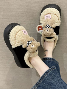 Winter Cotton Slippers Female Outwear Cute Cartoon Bear Stuffed Warm Non-Slip Thick Sole Home Indoor Ankle Wrap Cotton Shoes