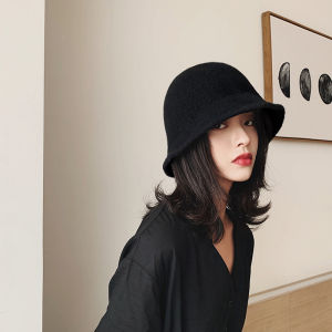 Black Woolen Knitted Fisherman Hat Womens Spring Autumn Trendy All-Match Bucket Cap Early Spring Leisure Style round Top Wide Brim