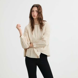 S·DEER | Áo Thun Dài Tay Phong Cách Chuyên Nghiệp Cổ Tròn Ghép Miếng Bằng Cotton Linen Rộng Rãi