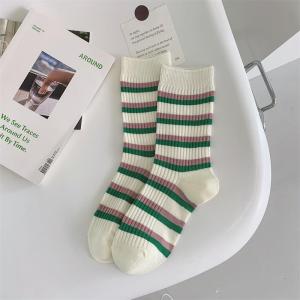 White Cotton Knitted Mid-Calf Socks for Women Autumn Winter Pure Cotton Striped Korean Style Sports Warmth Home Comfortable