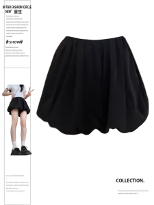 High-Waisted Slimming Bell Sleeve Black Flowered Big Size Womens Casual Bubble Skirt for Summer Korean Style A-Line