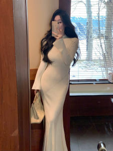 Elegant French Style Semi High Collar Dress Slimming Womens Long Tail Fish Tailed Skirt High Waist No Sleeve Solid Color