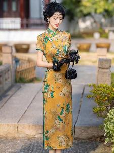 Retro Shanghai Style Short Sleeve Floral Print Cheongsam Young Womens Chinese Traditional Long Dress High Slit Daily Wear Silk