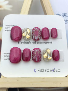 Hand-Painted Cat Eye Firework Red Wearable Nail Art Short Style Handmade Diamond-Encrusted Nails High-End Feeling Finished Patch