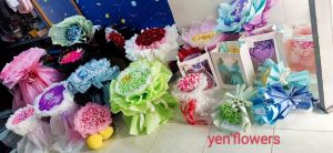 bó hoa sao giấy xếp sẵn tròn gói vải dạ tweed cao cấp hình tim độc lạ
