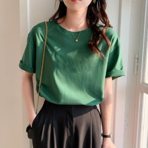 Loose Fit Womens Cotton T-Shirt round Neck Short Sleeve Summer Top Green Color Comfortable Breathable Korean Style Tee