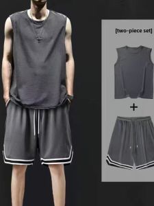 New Exercise Outfit Men Summer Waistcoat Mens Sleeveless Fitness Running Basketball Casual Shorts Two-piece Set