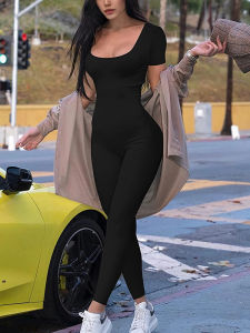 Womens Rompers Short Sleeve Solid Skinny Bodycon Jumpsuits Fashion Sports Fitness Casual Activity Streetwear Overalls
