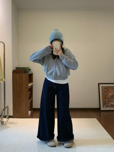 Deep Blue Straight Leg Jeans Womens High Waist Loose Fit Floor Length Pants Spring Autumn Casual Slimming Versatile Denim Trousers